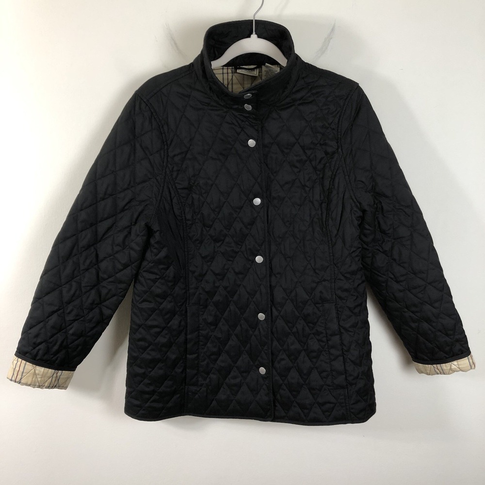 LL Bean Womens Quilted Barn Jacket Plaid Lined Snap Front Sz S Black